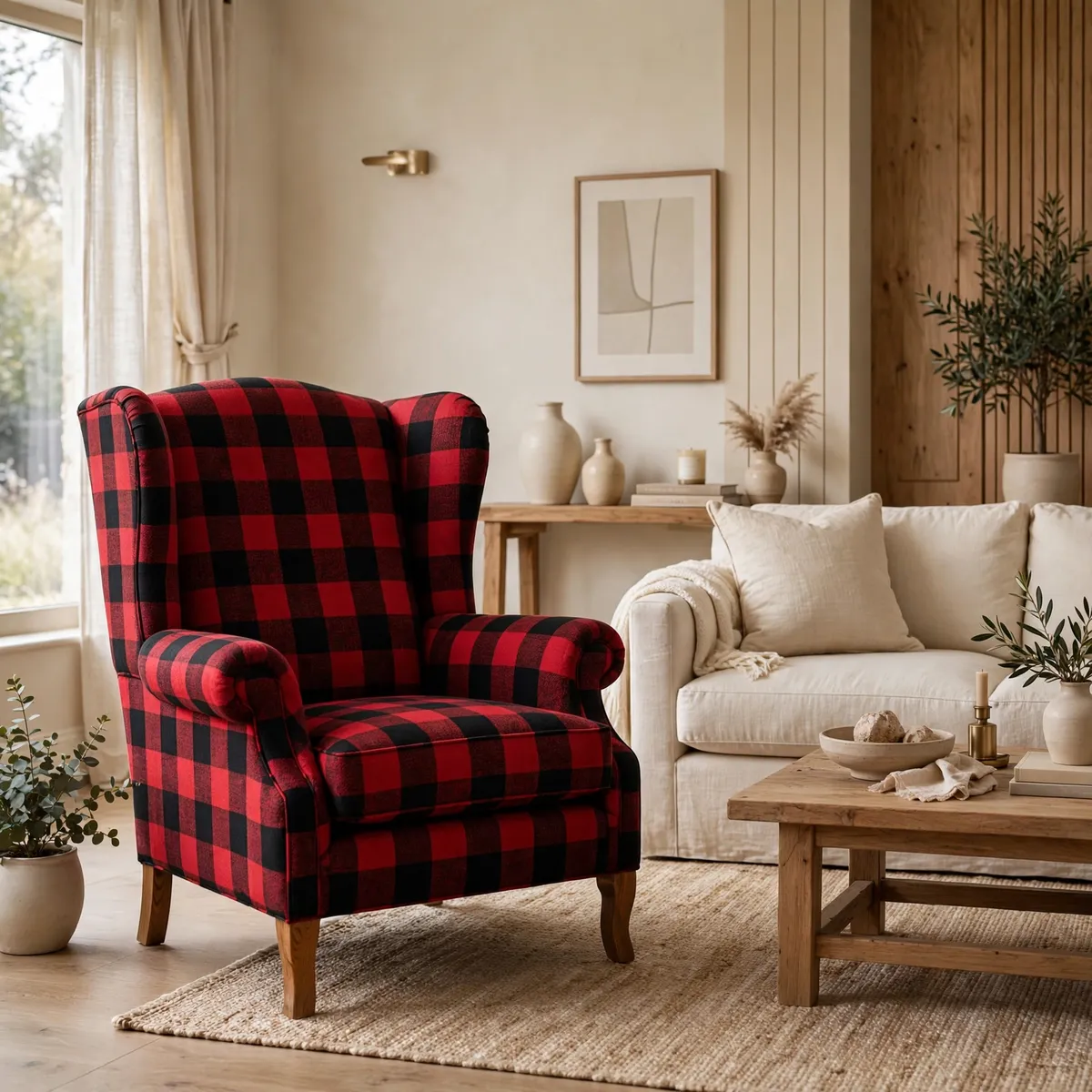 fall living room decor: Commit Buffalo Check to One Large Furniture Piece