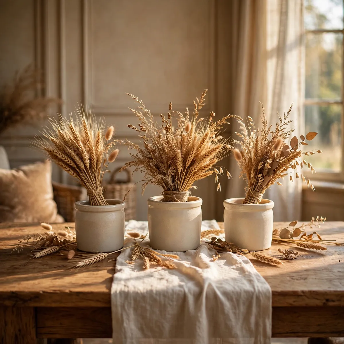 fall table decor: Line Up Wheat Bundles in Stoneware Crocks