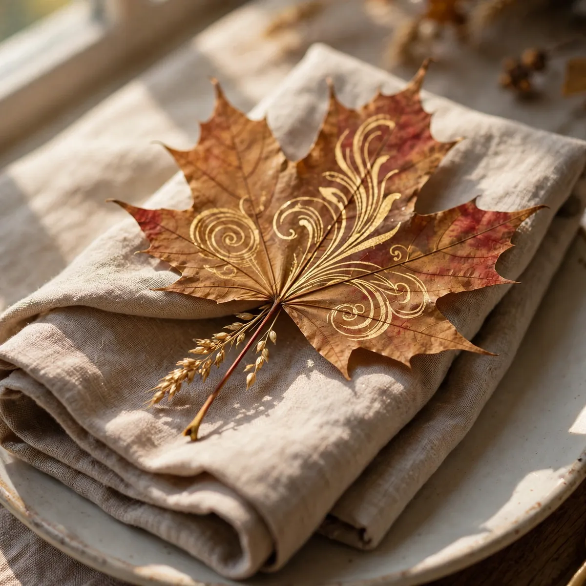 fall table decor: Tuck Leaf Place Cards Into Linen Napkins
