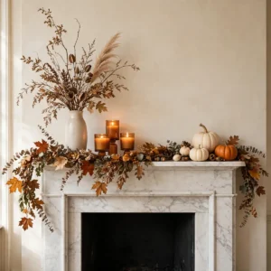 fall mantel decor ideas: elegant layered fall mantel with garland, pumpkins and candles