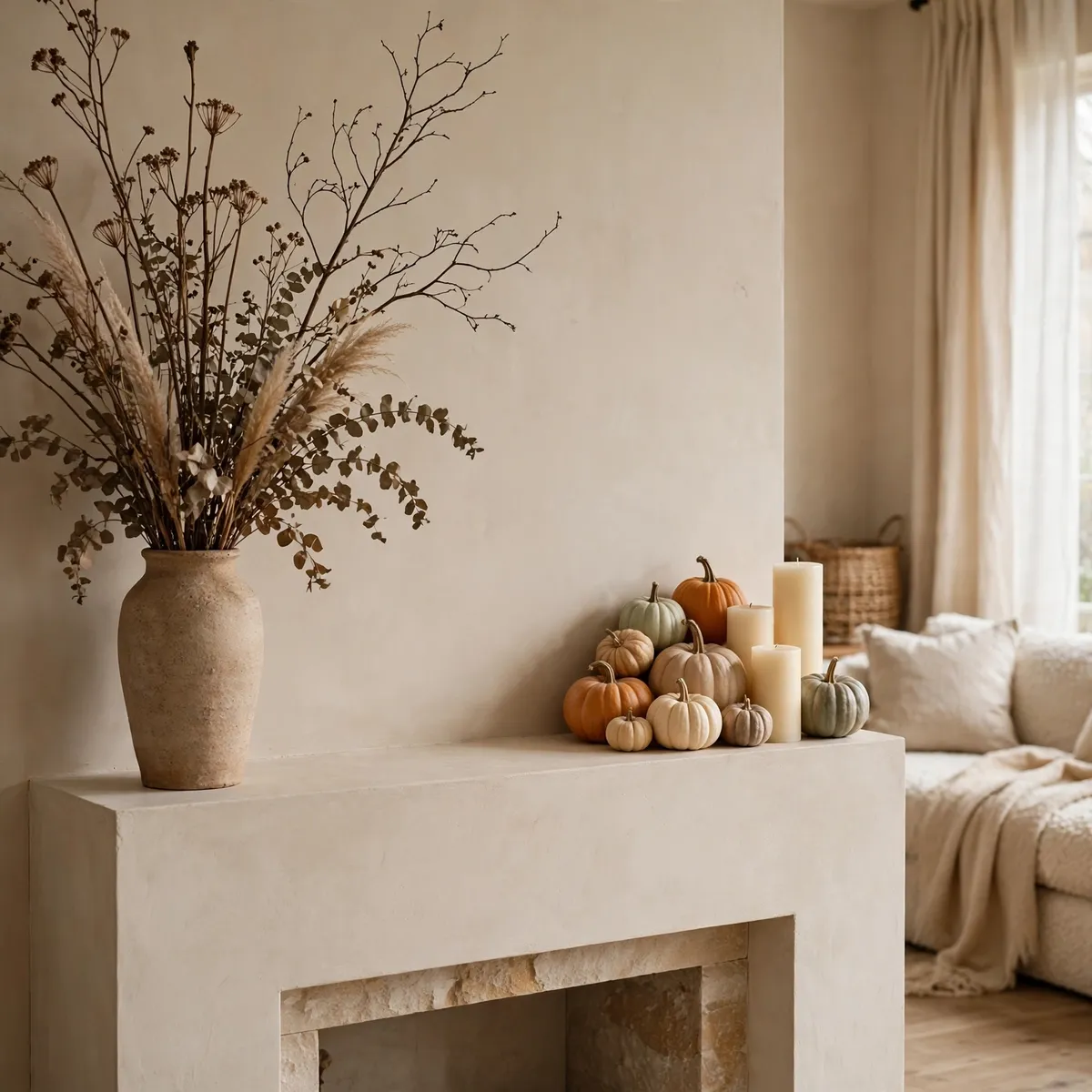 fall mantel decor ideas: asymmetrical mantel arrangement