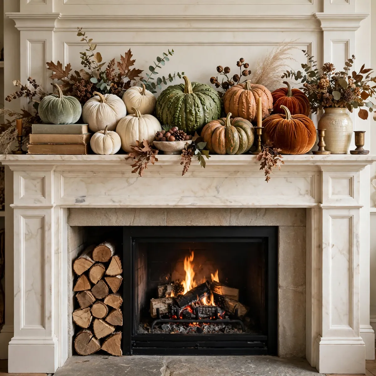 fall mantel decor ideas: grouped pumpkins