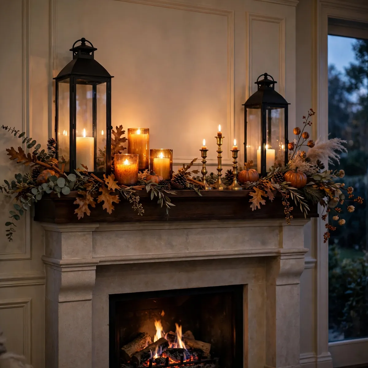 fall mantel decor ideas: candles and lanterns at varied heights