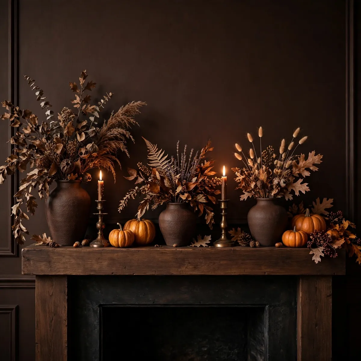 fall mantel decor ideas: moody brown mantel