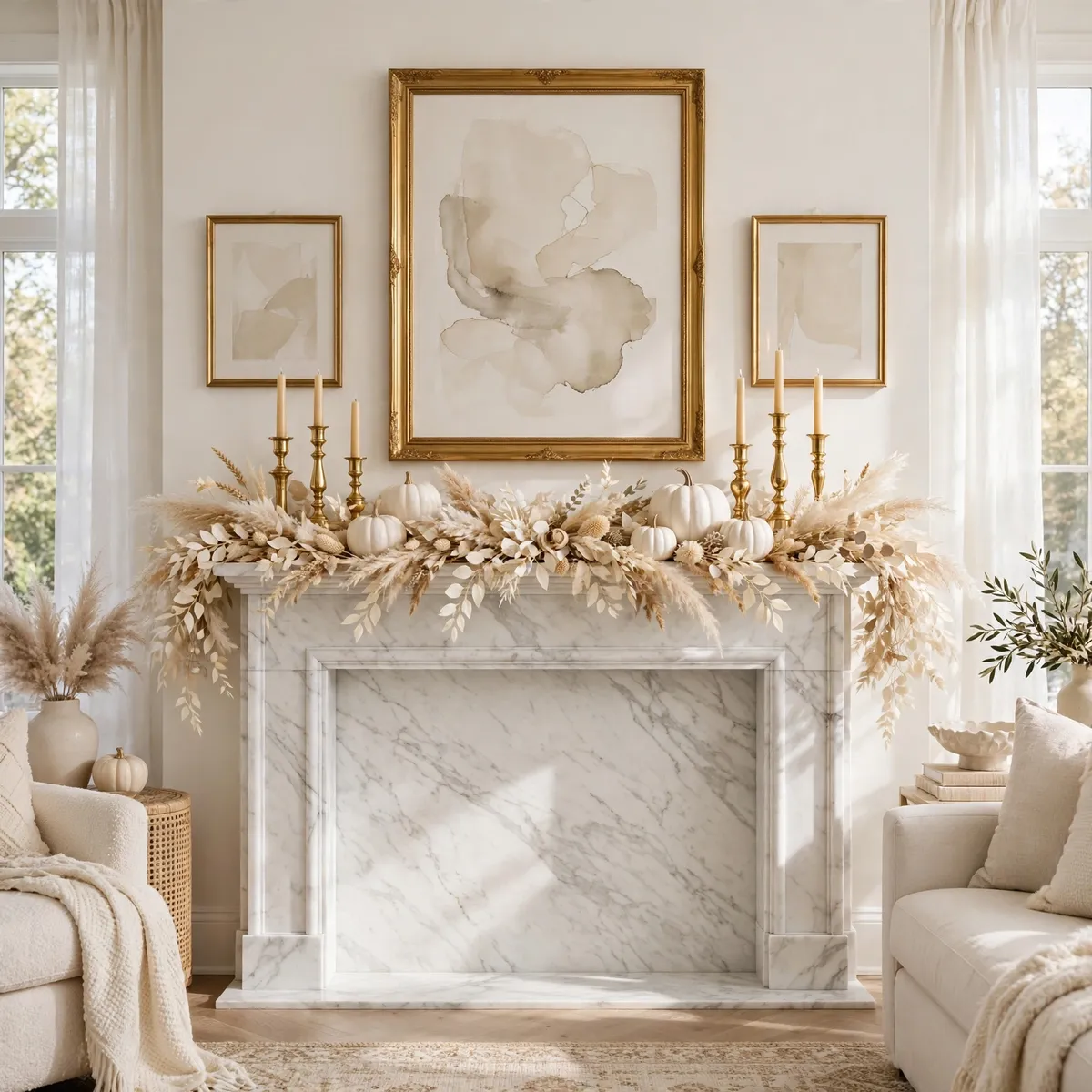 fall mantel decor ideas: white and gold elegant mantel