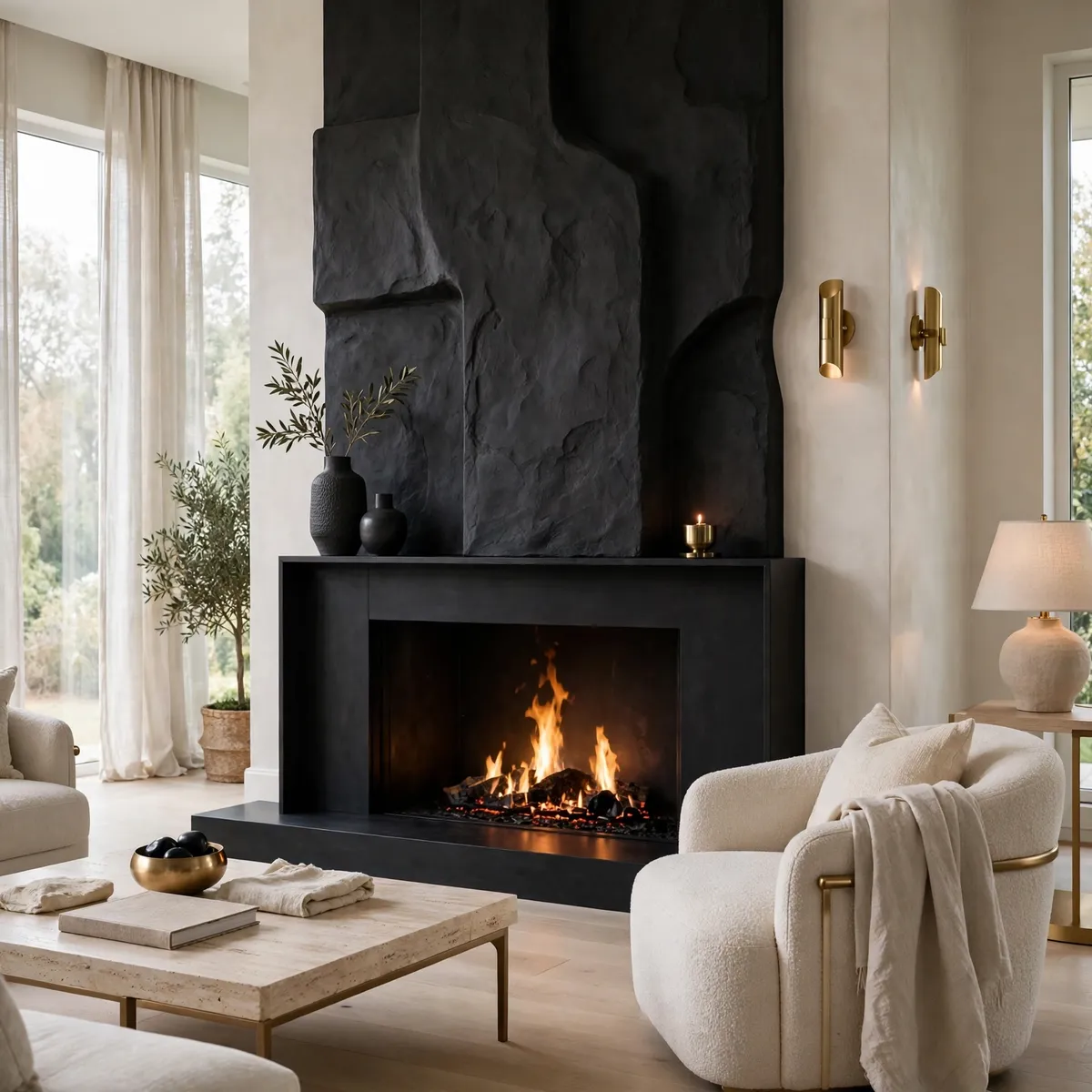 fireplace design ideas: Go Dark and Dramatic for Sculptural Contrast