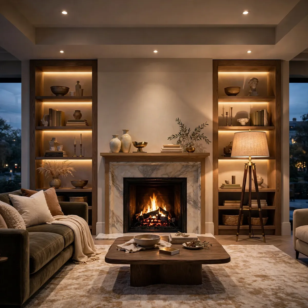 fireplace design ideas: Layer Warm Light Around the Fire