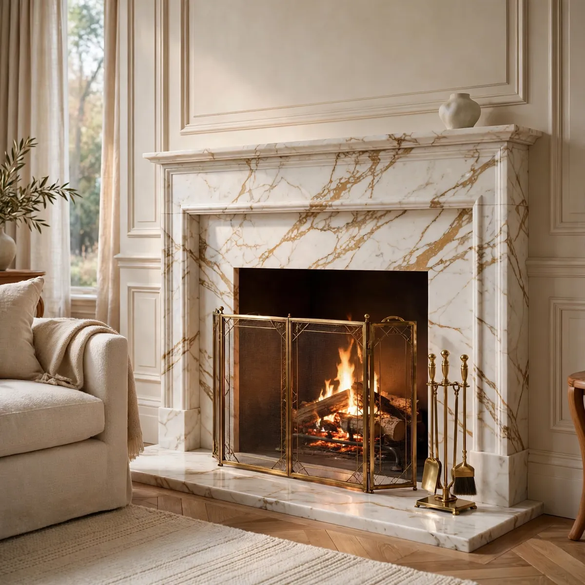 fireplace design ideas: Pair Marble With Warm Brass