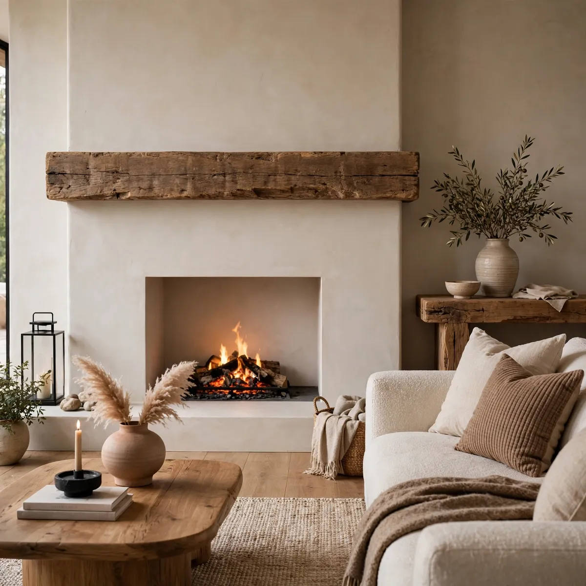fireplace design ideas: Set a Rustic Beam Against Modern Lines