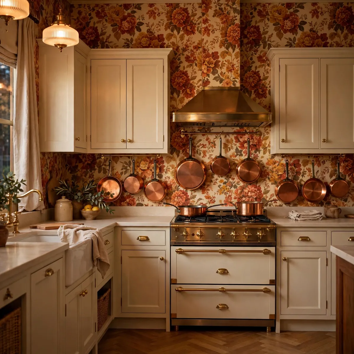 grandmacore kitchen: Go Bold With Floral Wallpaper and Copper