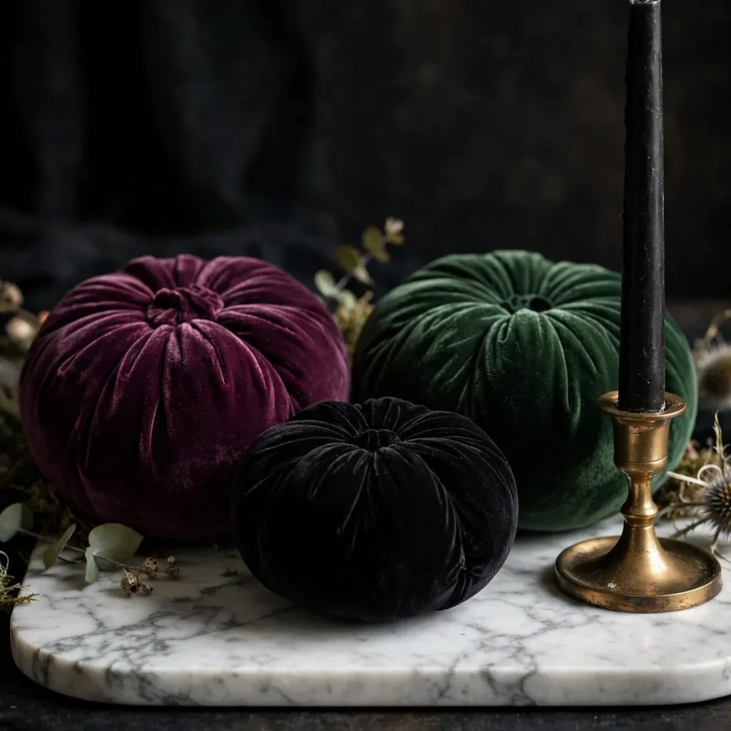 Velvet pumpkins in plum, black, and forest green on a marble tray