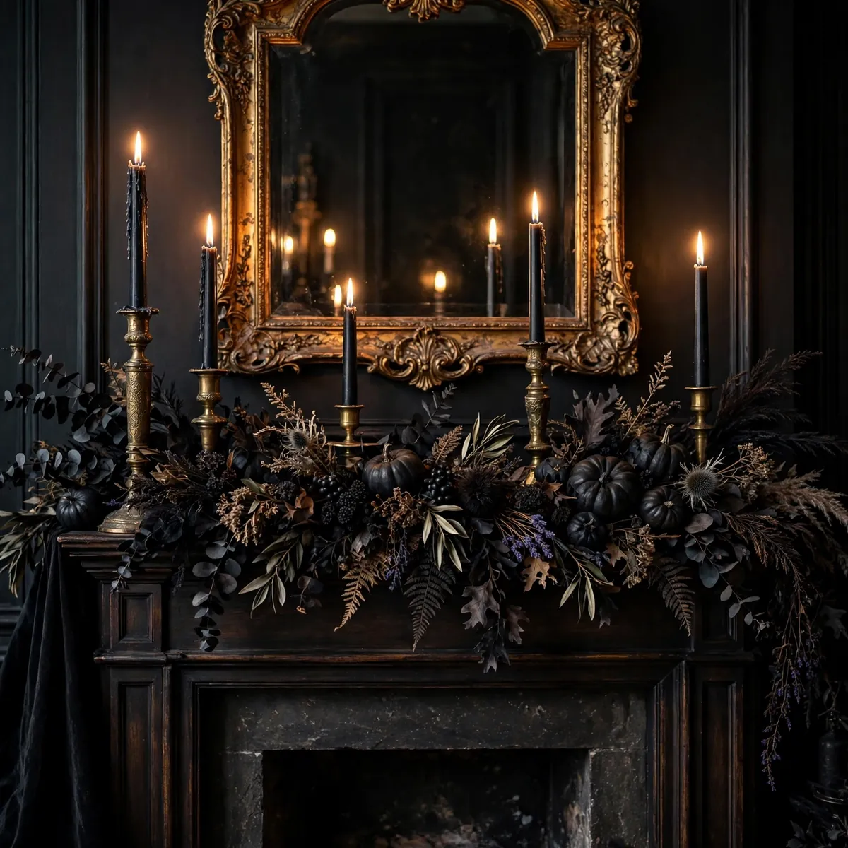 Black-and-gold fireplace mantel with tall taper candles in brass holders