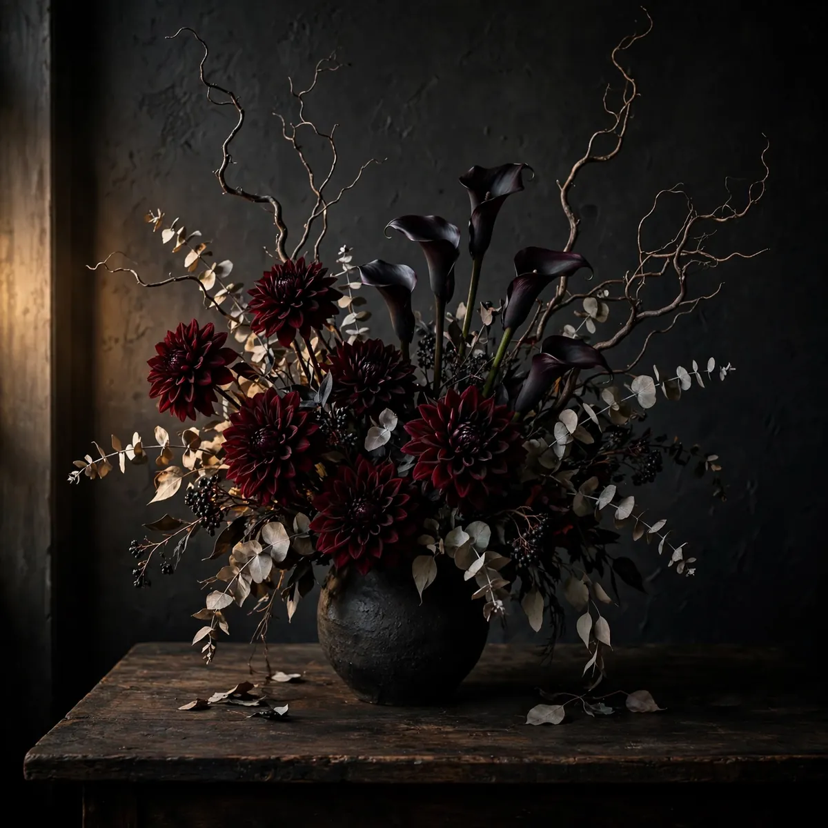 Moody floral arrangement of burgundy dahlias and dried branches in a black vase