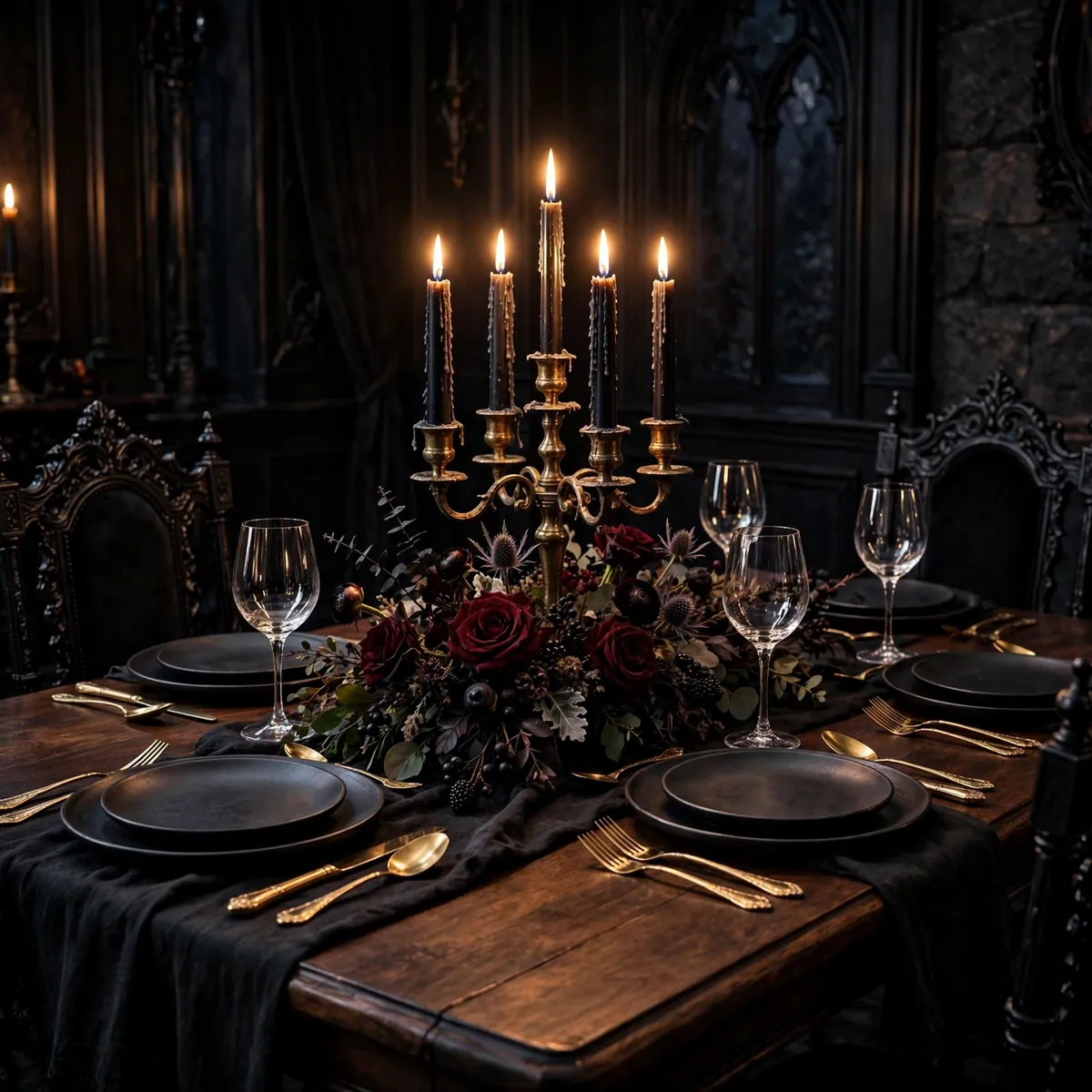Gothic candlelit Halloween tablescape with black dinnerware and brass candelabra
