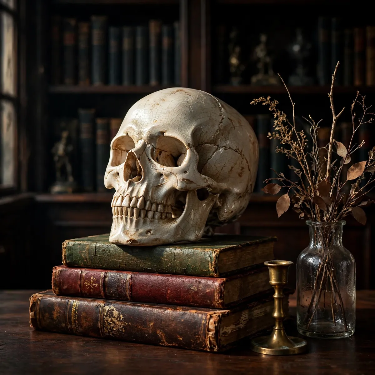 Sculptural ivory ceramic skull on antique leather-bound books