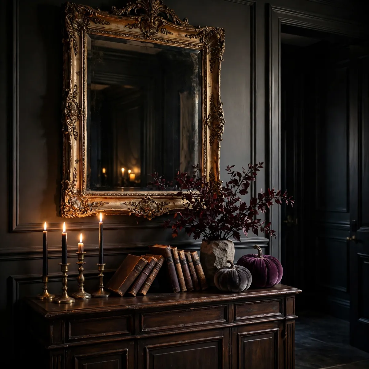 Moody entryway console with antique mirror, candles, and velvet pumpkins
