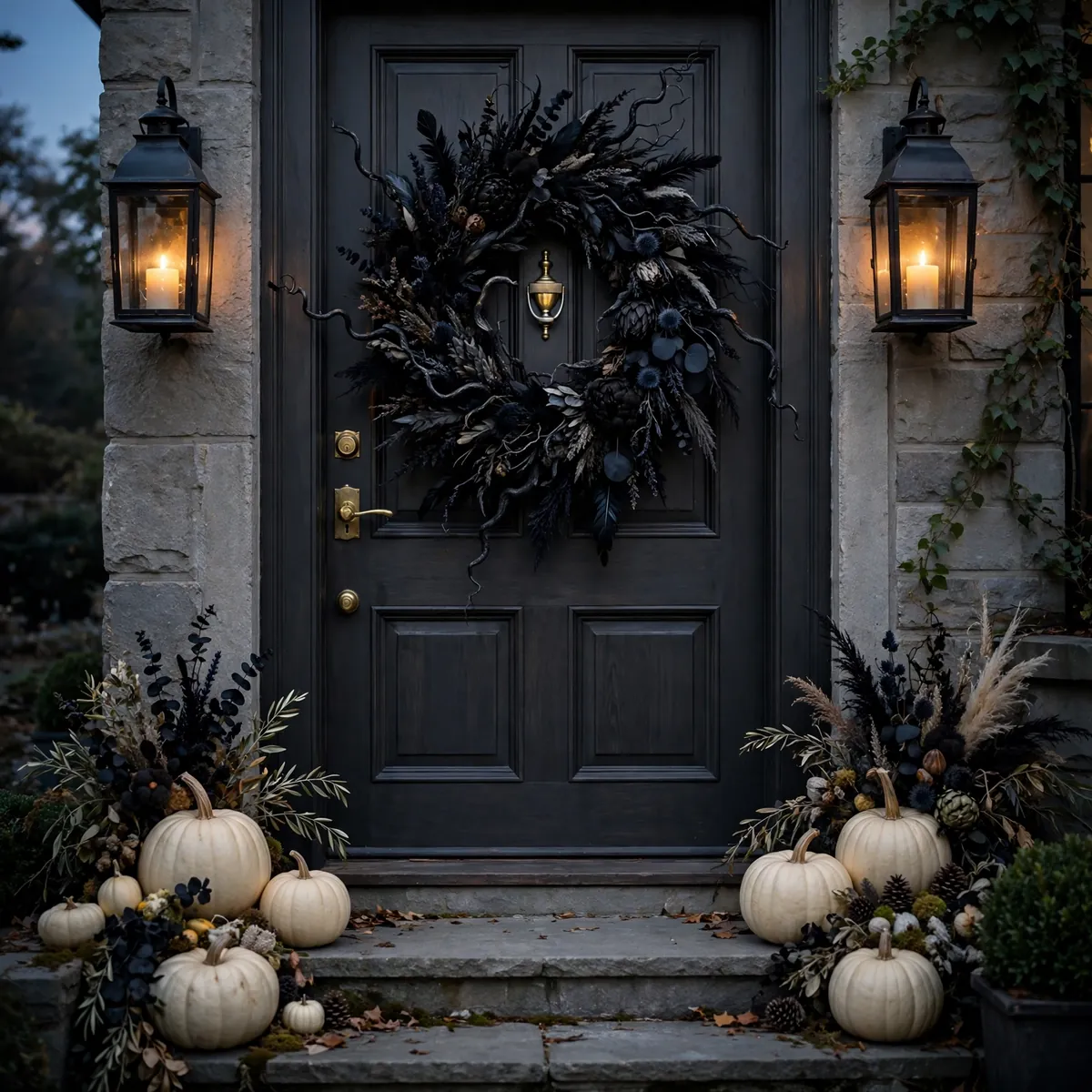 Black botanical Halloween wreath with dried flowers on a charcoal front door