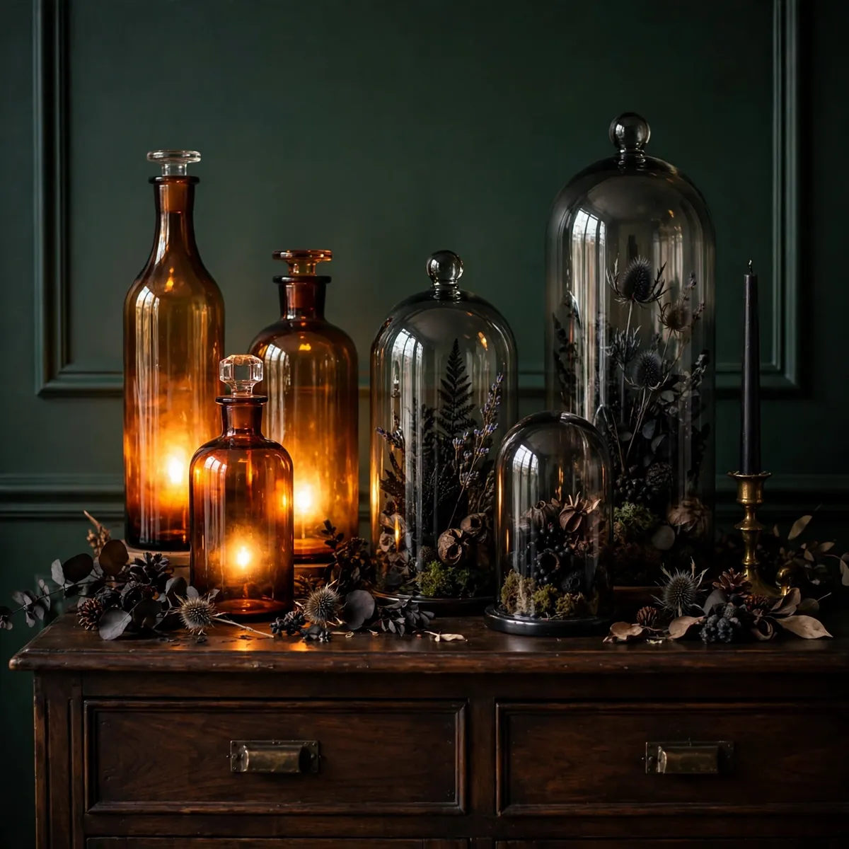 Amber glass apothecary bottles vignette with candlelight