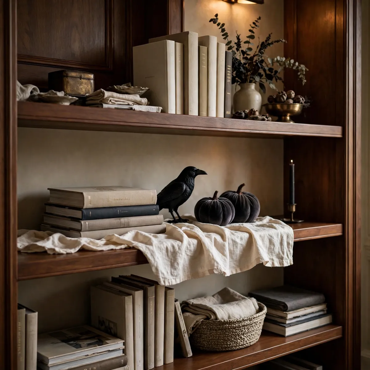 Bookshelves with subtle Halloween accents: black raven figurine and velvet pumpkins
