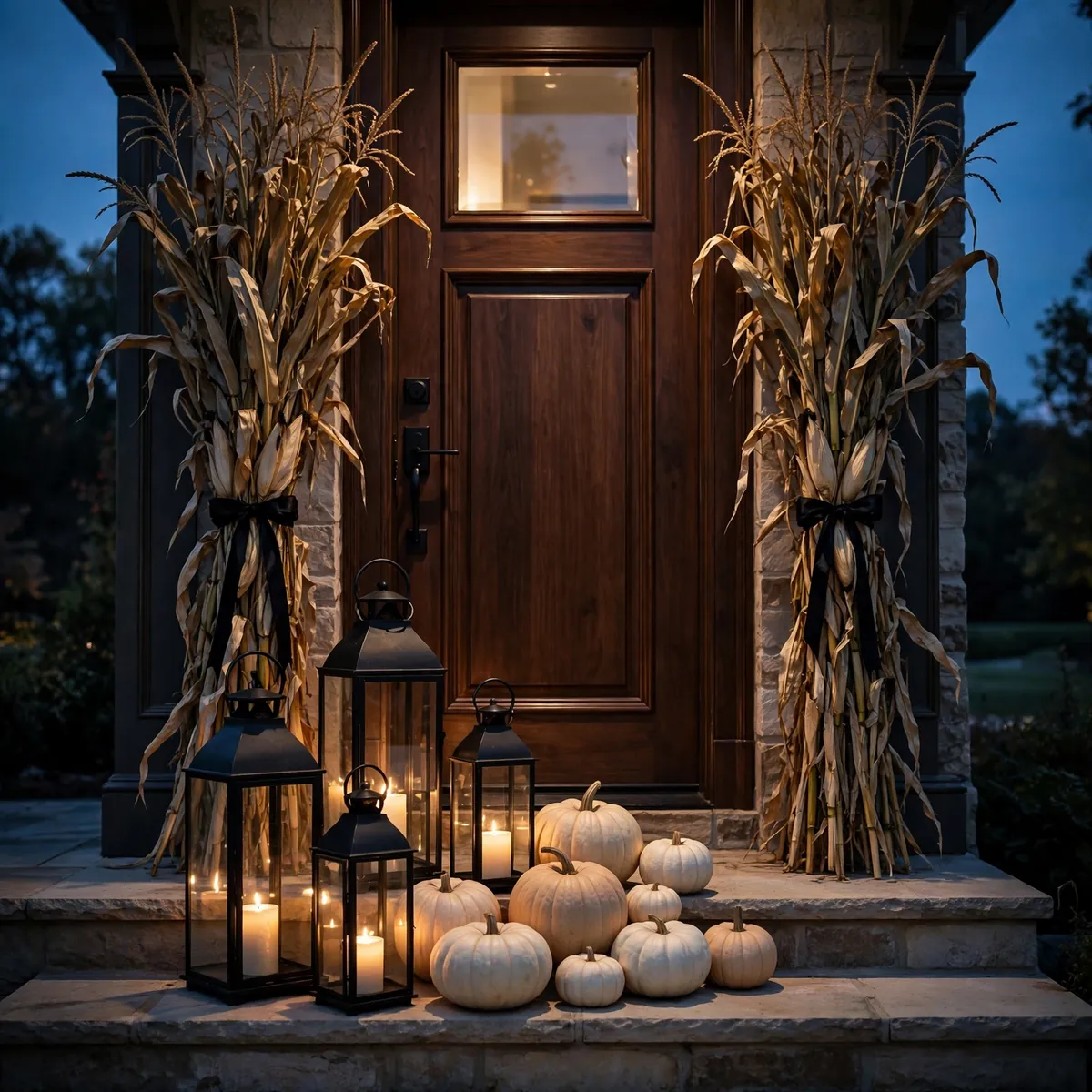 Front porch at dusk with black lanterns and cream pumpkins