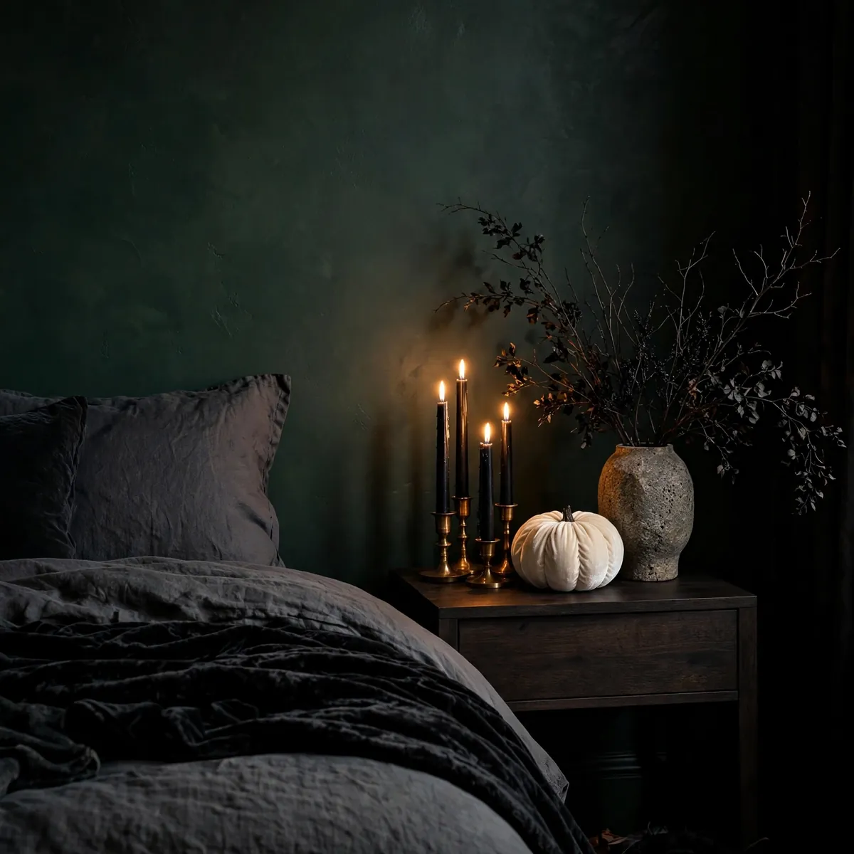 Moody bedroom corner with black candles and velvet pumpkin on nightstand