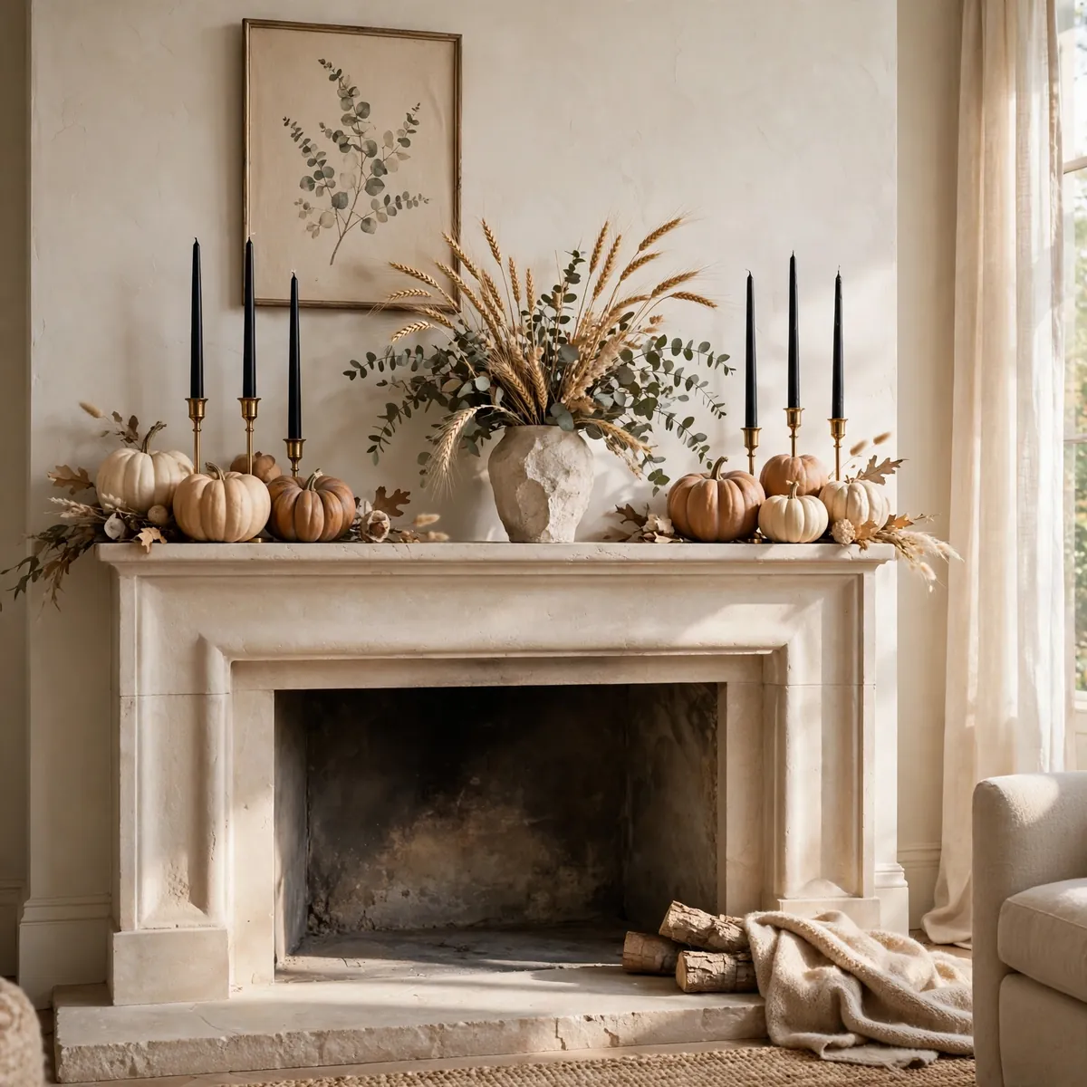 Fireplace mantel transitioning from Halloween to Thanksgiving with neutral pumpkins