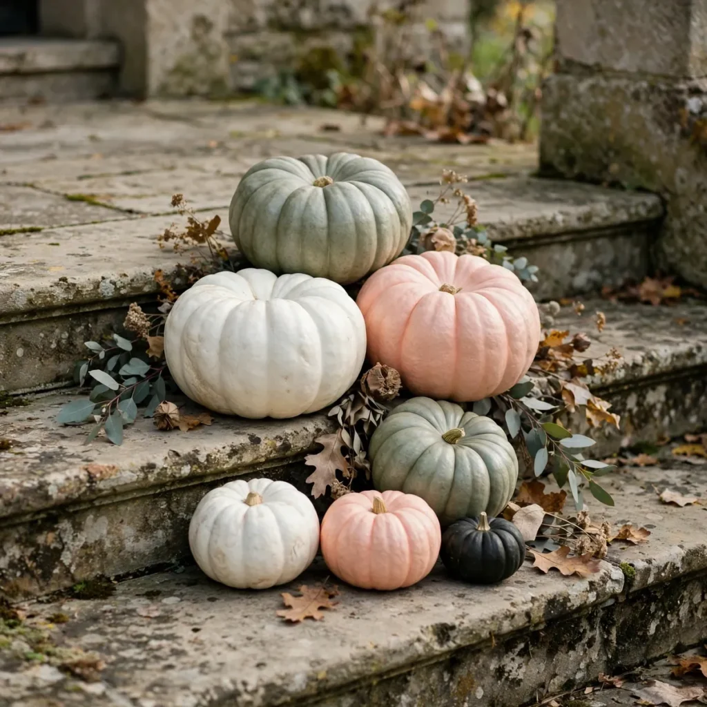 Muted white, sage green, and blush heirloom pumpkins grouped in odd numbers on porch steps — tasteful halloween porch decor ideas for an elegant entryway