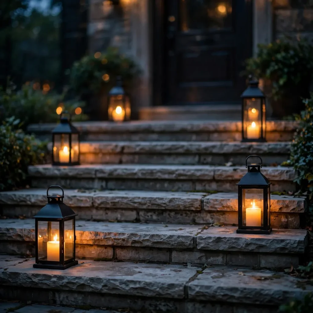Black metal lanterns with warm glowing candles lined along elegant stone porch steps at dusk