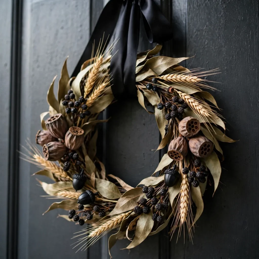 Dried botanical wreath of leaves, seed pods, and dark berries hanging on a charcoal front door