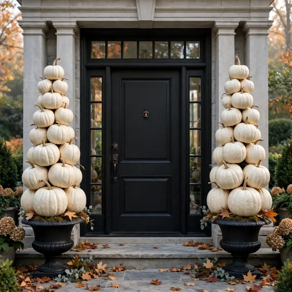 Two stacked white pumpkin topiaries in black urns flanking a dark front door