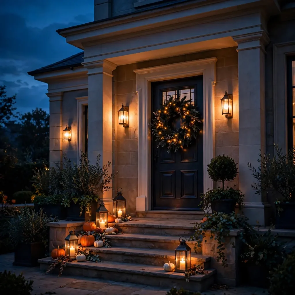 Elegant porch at night with layered Halloween lighting: wall sconce, glowing step lanterns, and fairy lights in the door wreath