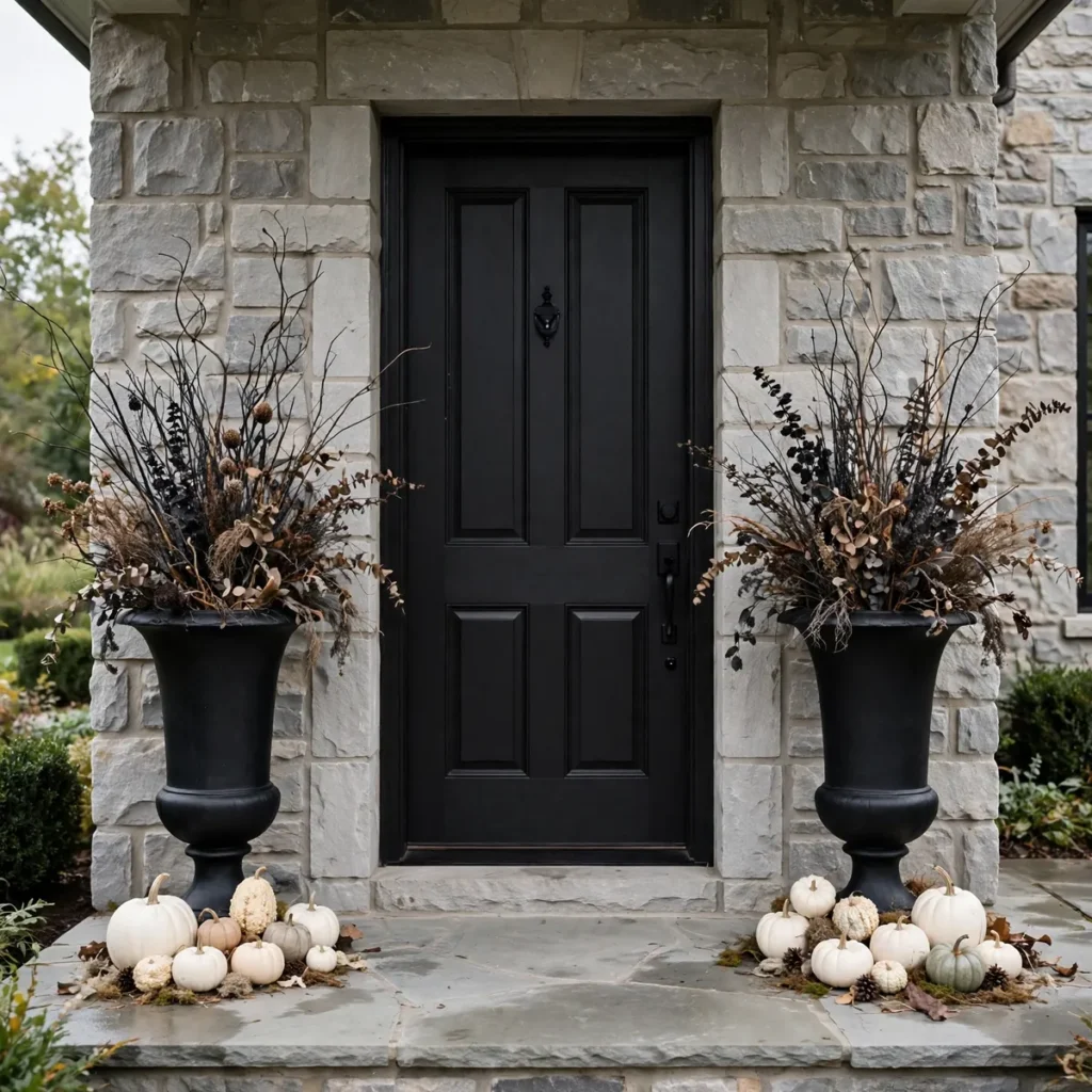 Tall black urn planters with dried branches and mini white pumpkins flanking a front entry