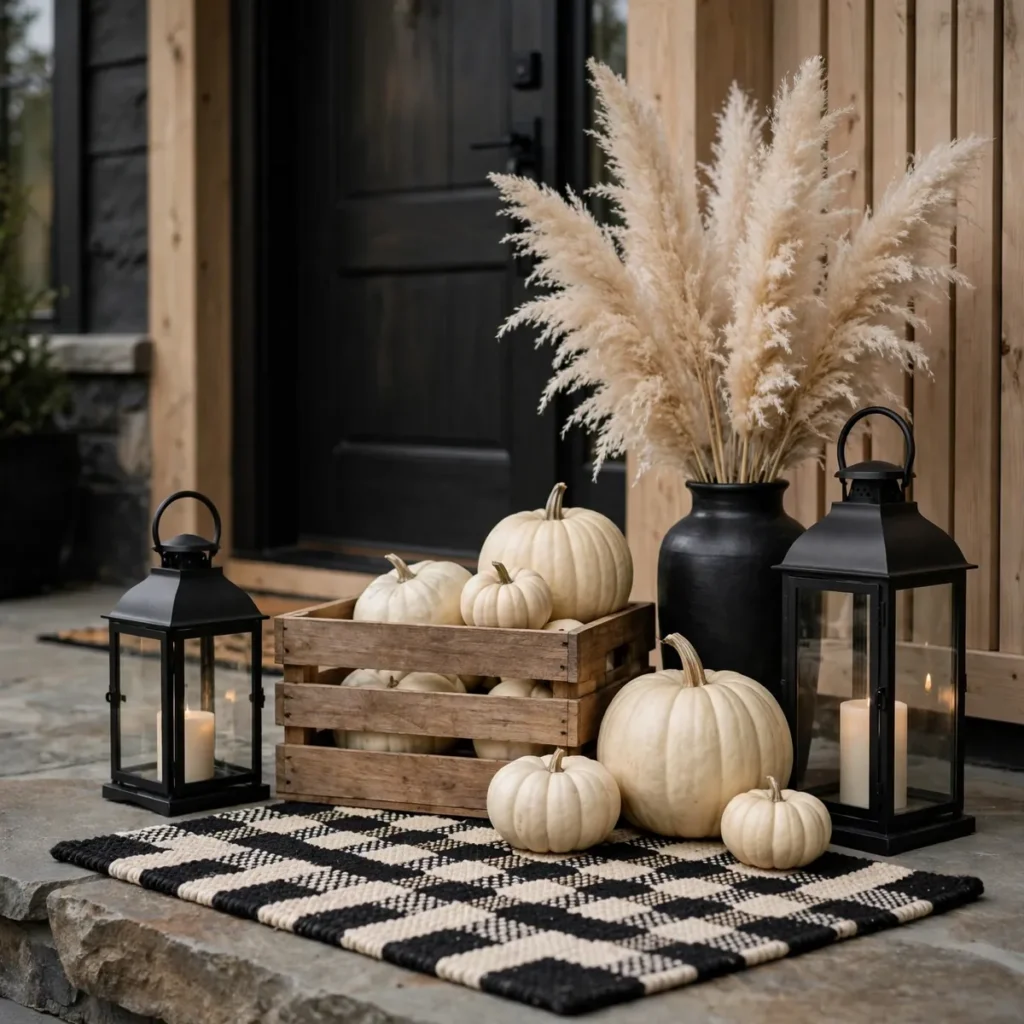 Monochrome Halloween porch vignette in black, cream, and natural wood with lanterns and cream pumpkins