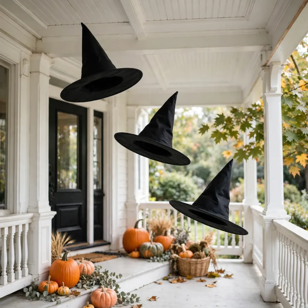 Three black witch hats appearing to float at staggered heights beneath a porch ceiling
