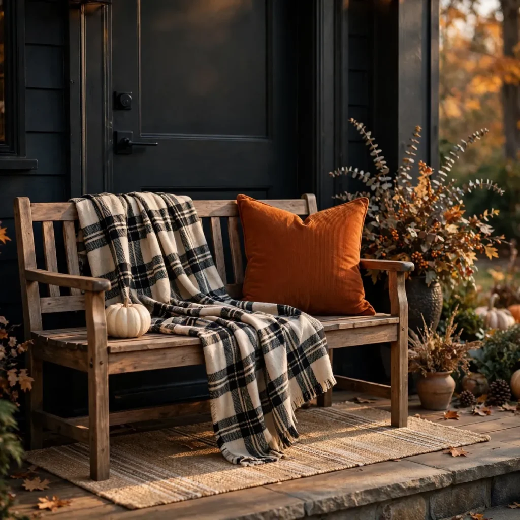 Wooden porch bench styled with a plaid throw, burnt-orange pillow, and small white pumpkin