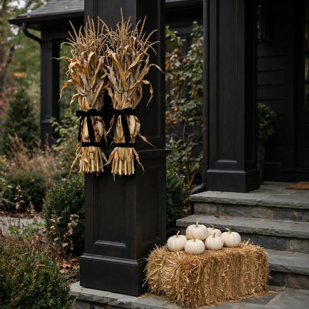 Dried cornstalks tied to a single porch column beside a hay bale topped with mini pumpkins