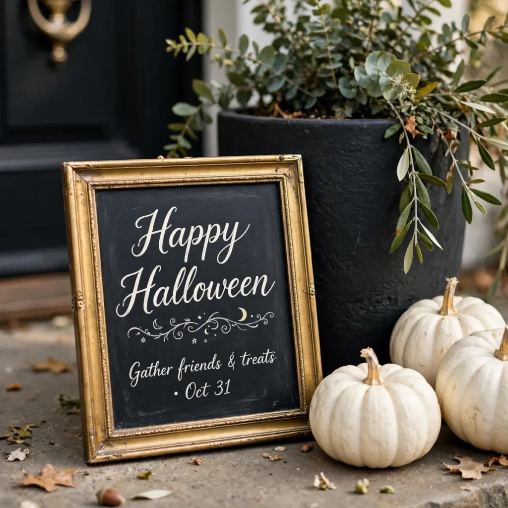 Brass-framed chalkboard sign with an elegant Halloween greeting leaning against a planter by the front door