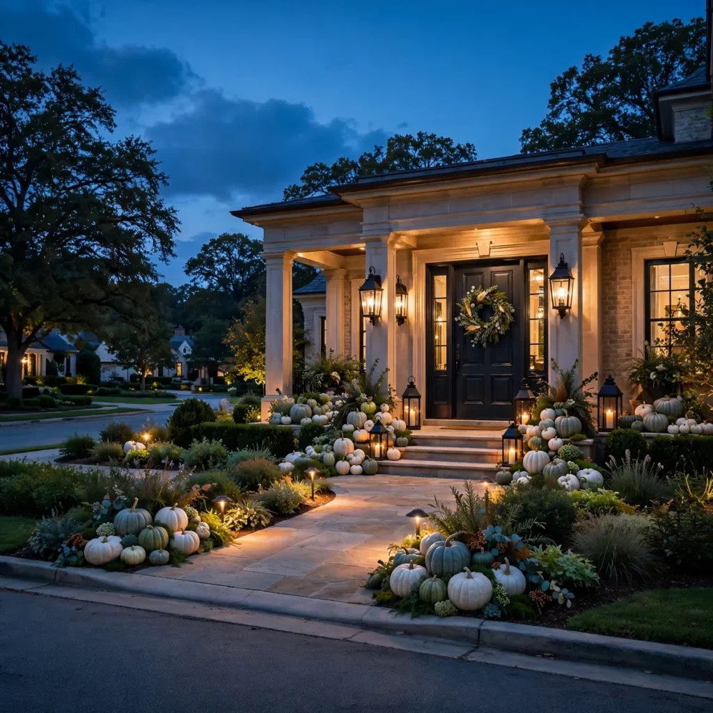 Complete elegant Halloween porch viewed from the street at dusk with a clearly lit walkway and glowing lanterns