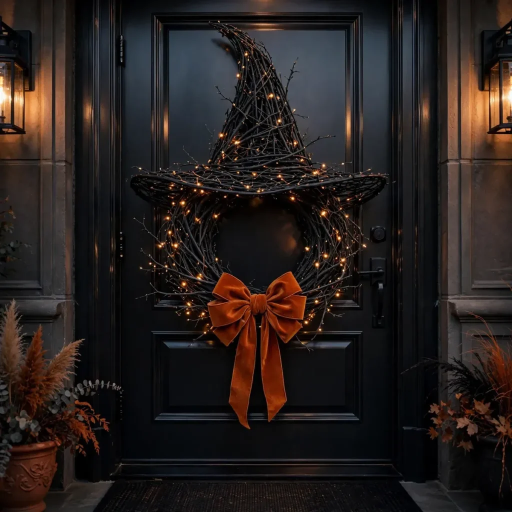 halloween front door decor ideas: black witch-hat wreath with burnt-orange ribbon on a matte black front door