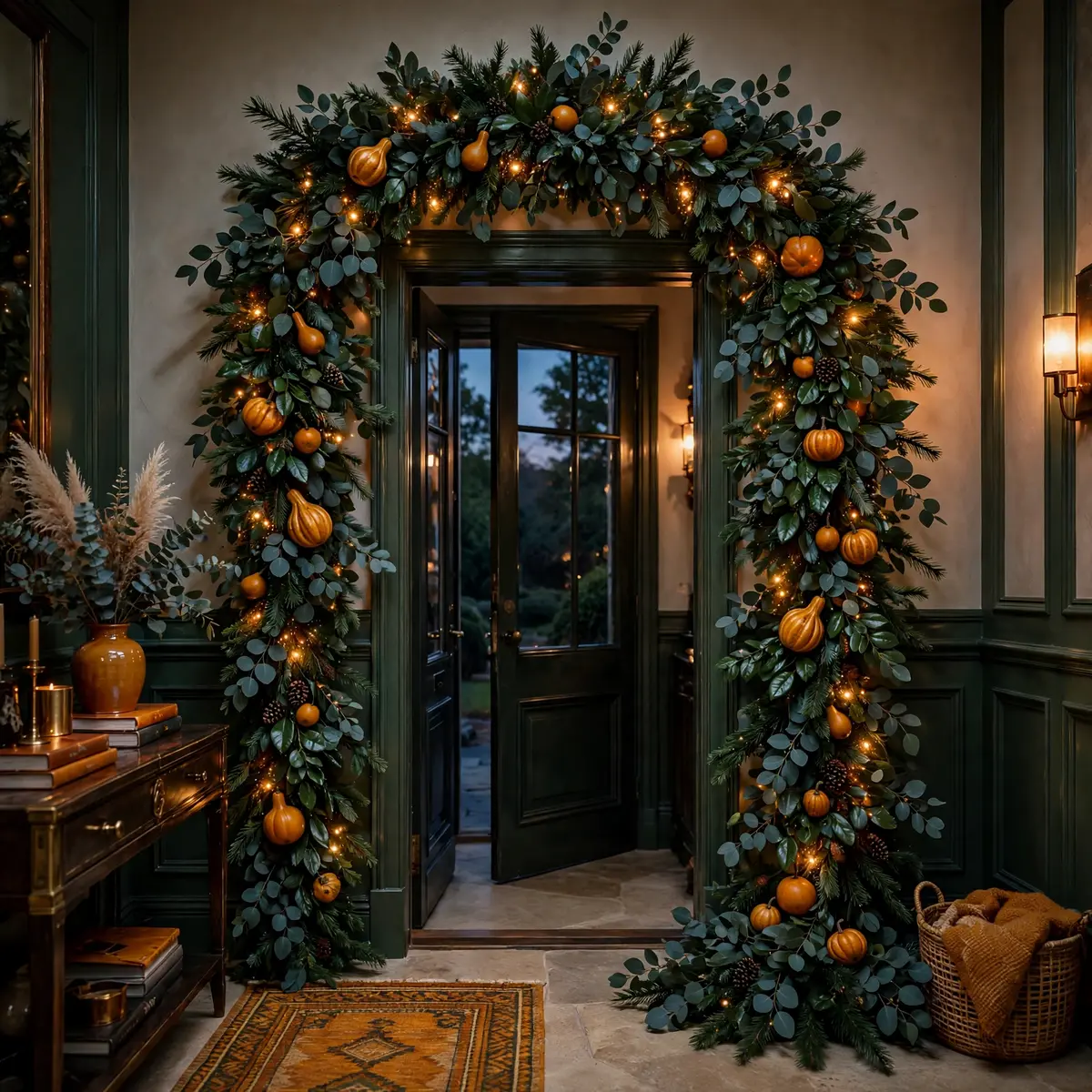 halloween front door decor ideas: dark eucalyptus garland arch with fairy lights around a doorframe