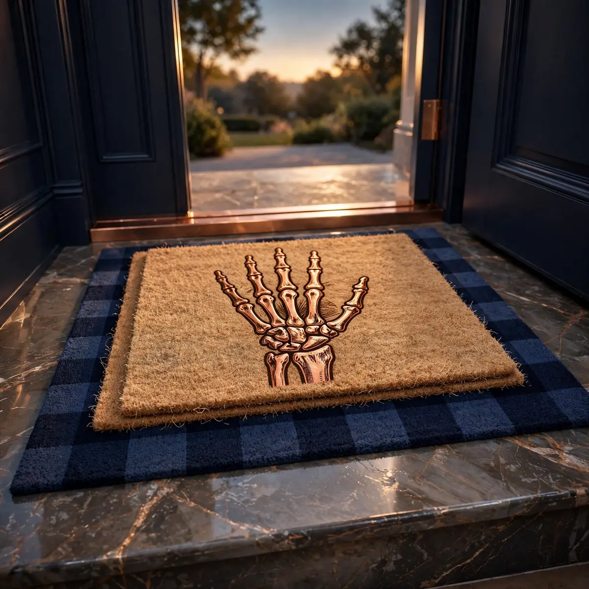 halloween front door decor ideas: layered buffalo-check and skeleton-hand doormats at the threshold