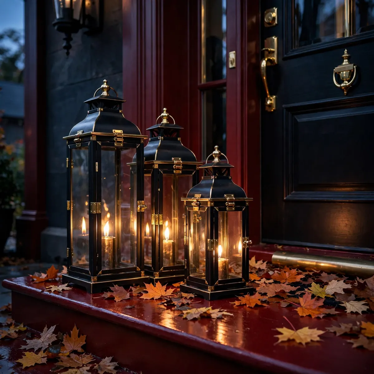 halloween front door decor ideas: glowing black metal lanterns grouped on a porch step