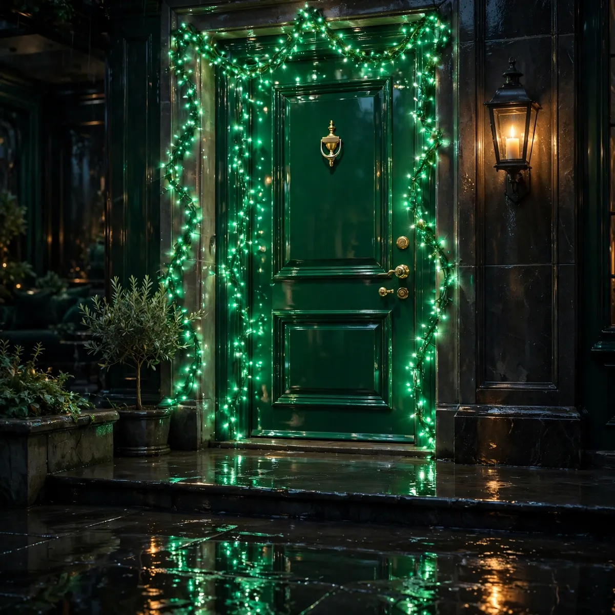 halloween front door decor ideas: emerald string lights glowing around a front door at night