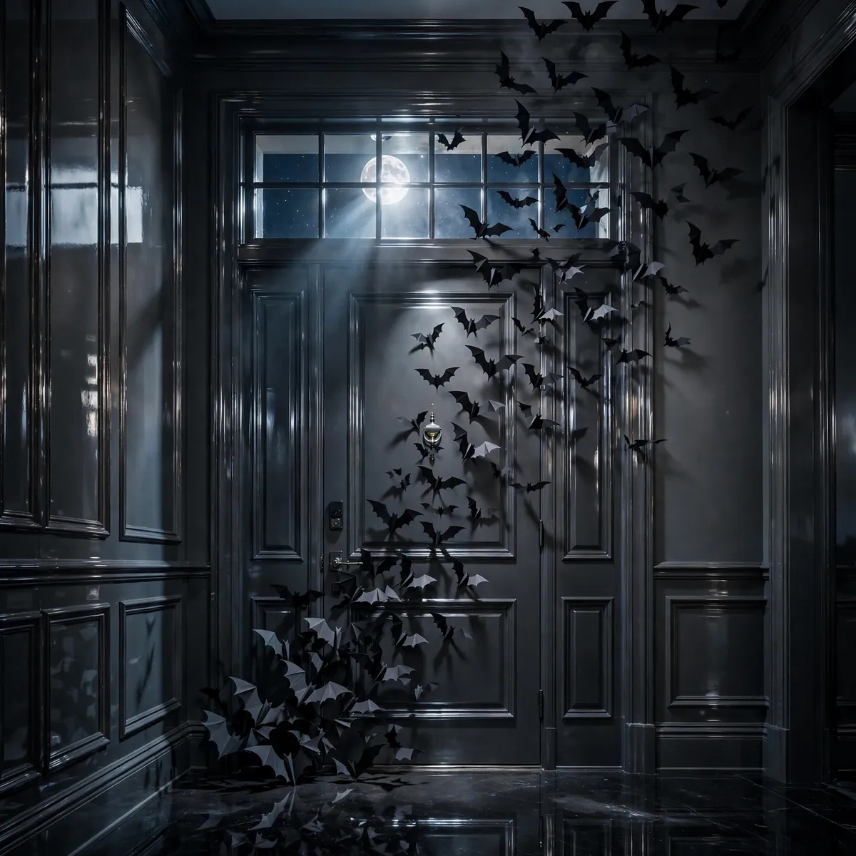 halloween front door decor ideas: black paper bats swarming up a charcoal front door at night