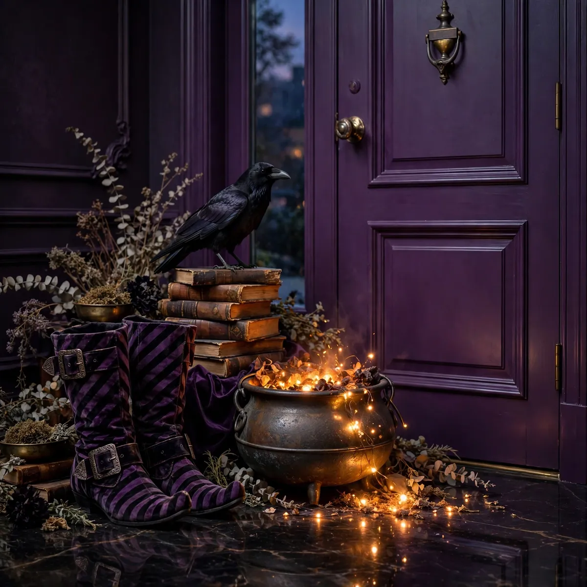 halloween front door decor ideas: witch boots and glowing cauldron vignette beside a front door