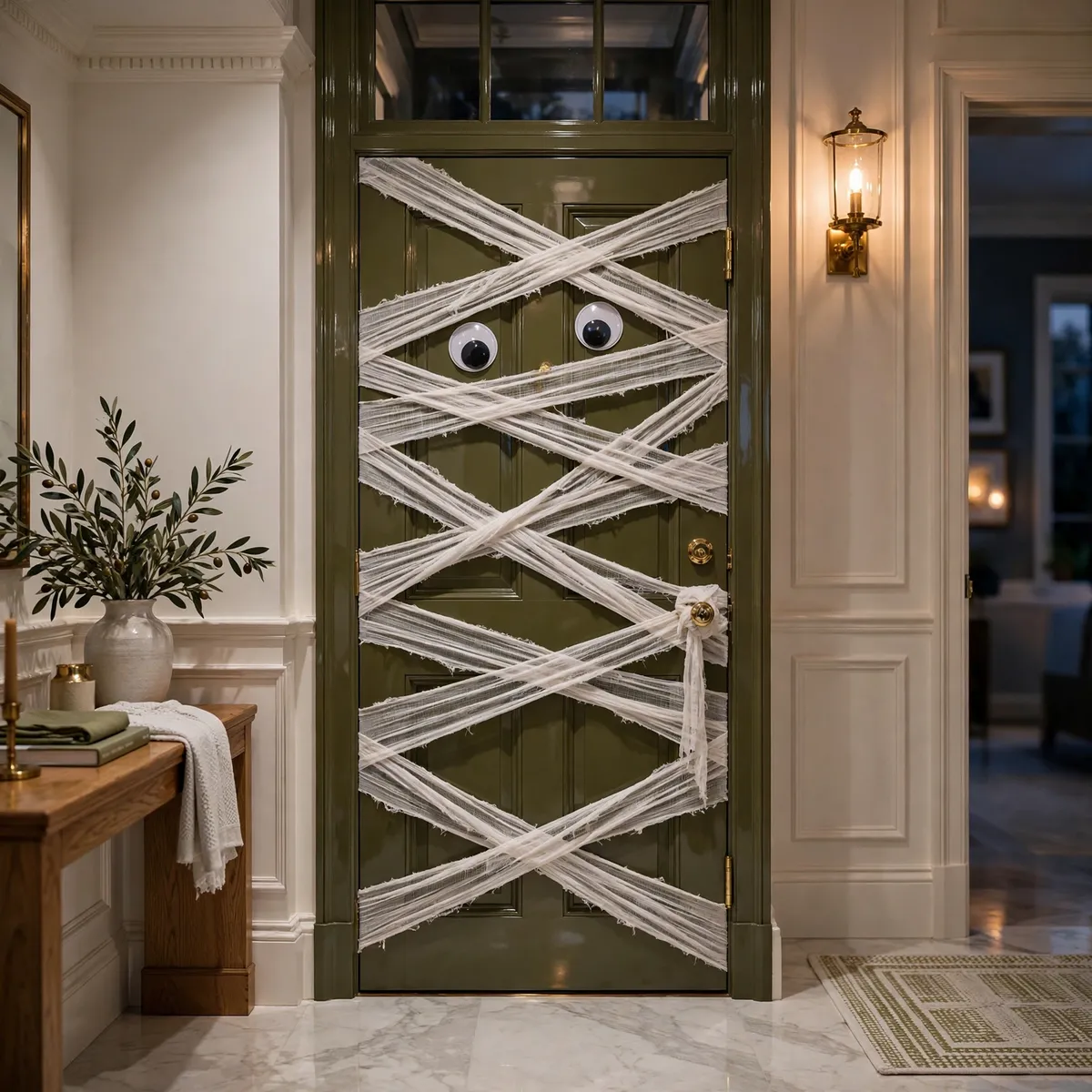 halloween front door decor ideas: mummy-wrapped front door with gauze strips and googly eyes