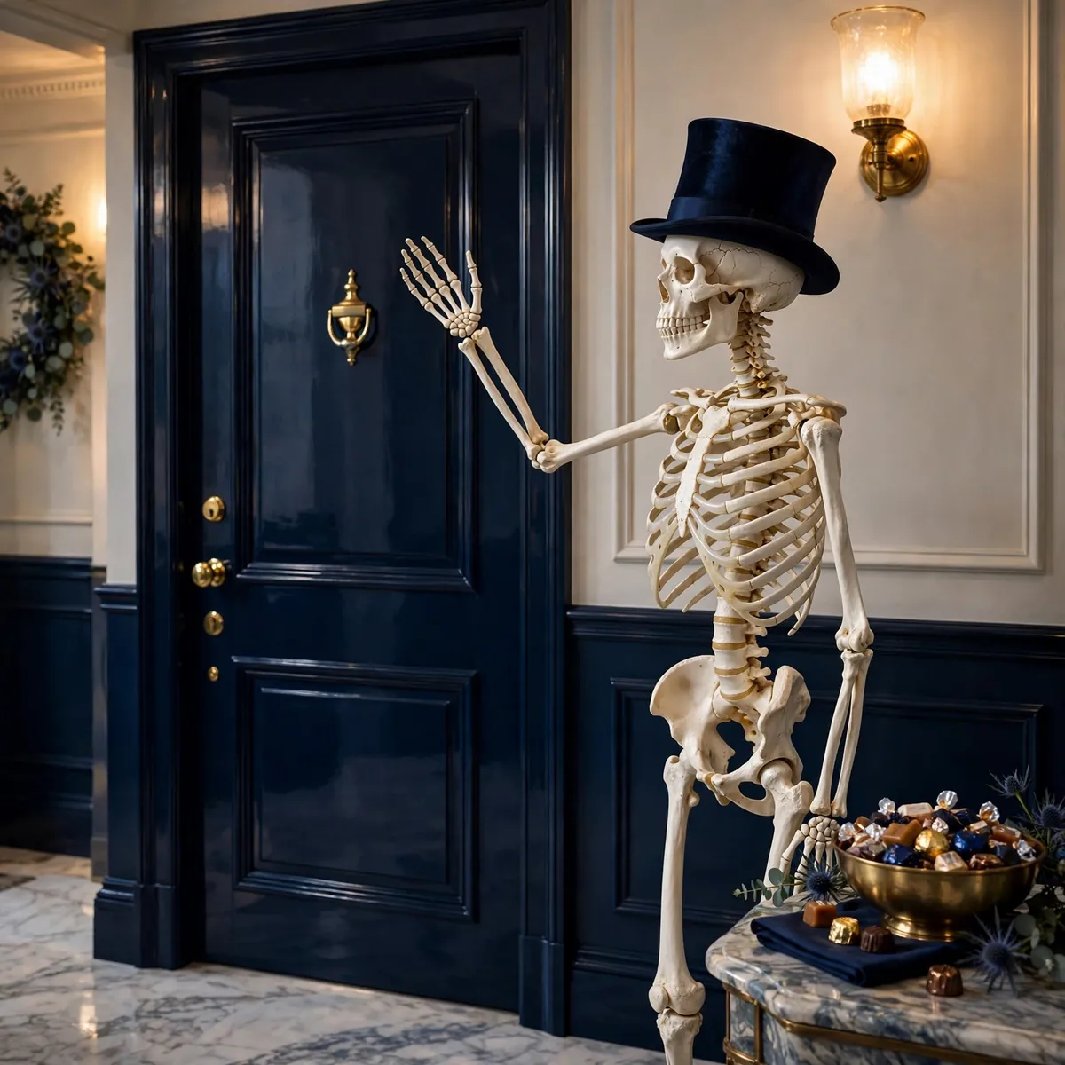 halloween front door decor ideas: skeleton greeter in a top hat beside a candy bowl at the door