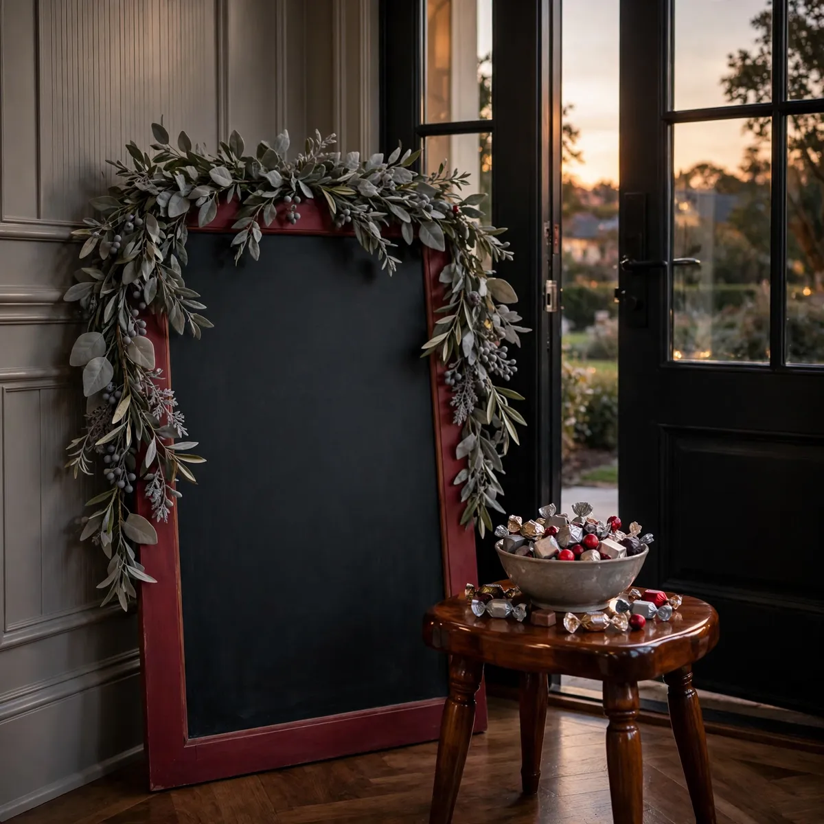 halloween front door decor ideas: cranberry chalkboard sign and candy bowl with garland at the entry