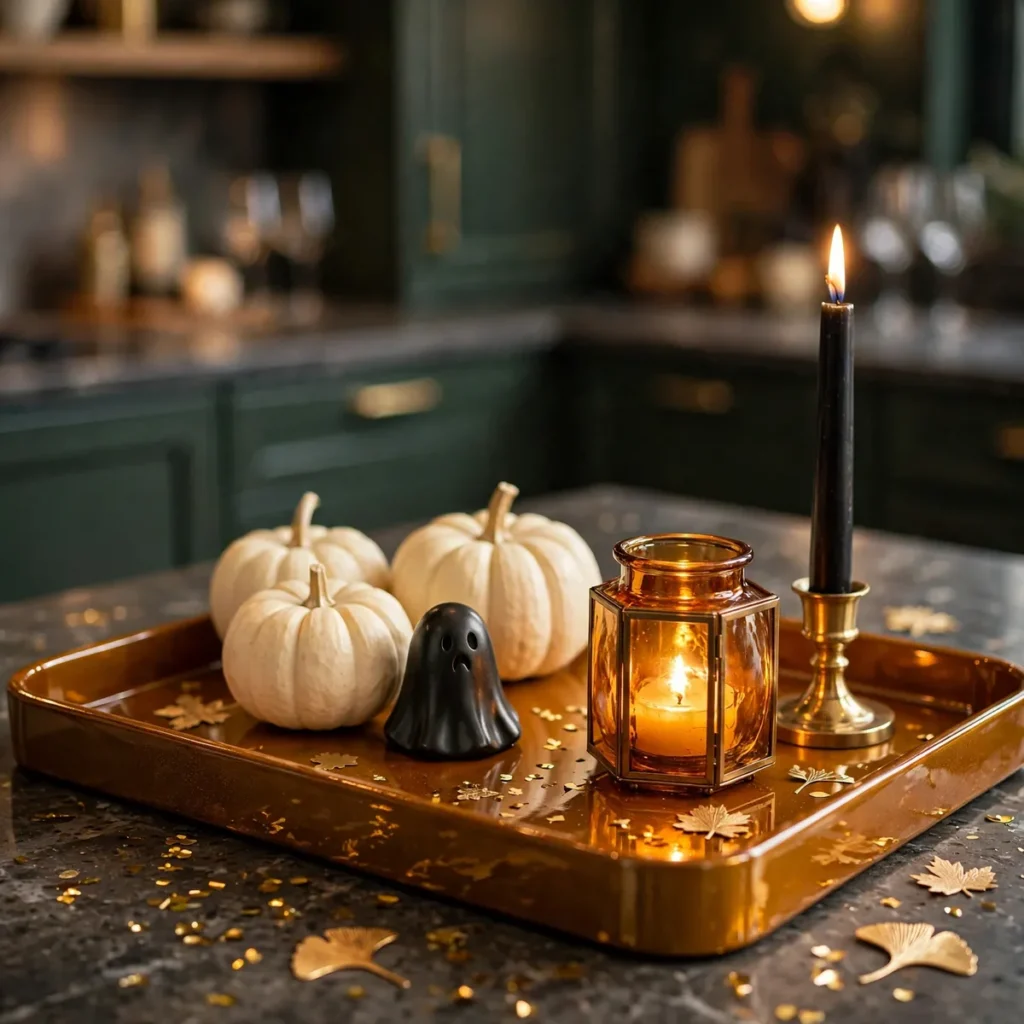 Copper tray styled with white mini pumpkins, a small black ghost figure, an amber glass lantern, and a black taper candle on a dark kitchen counter