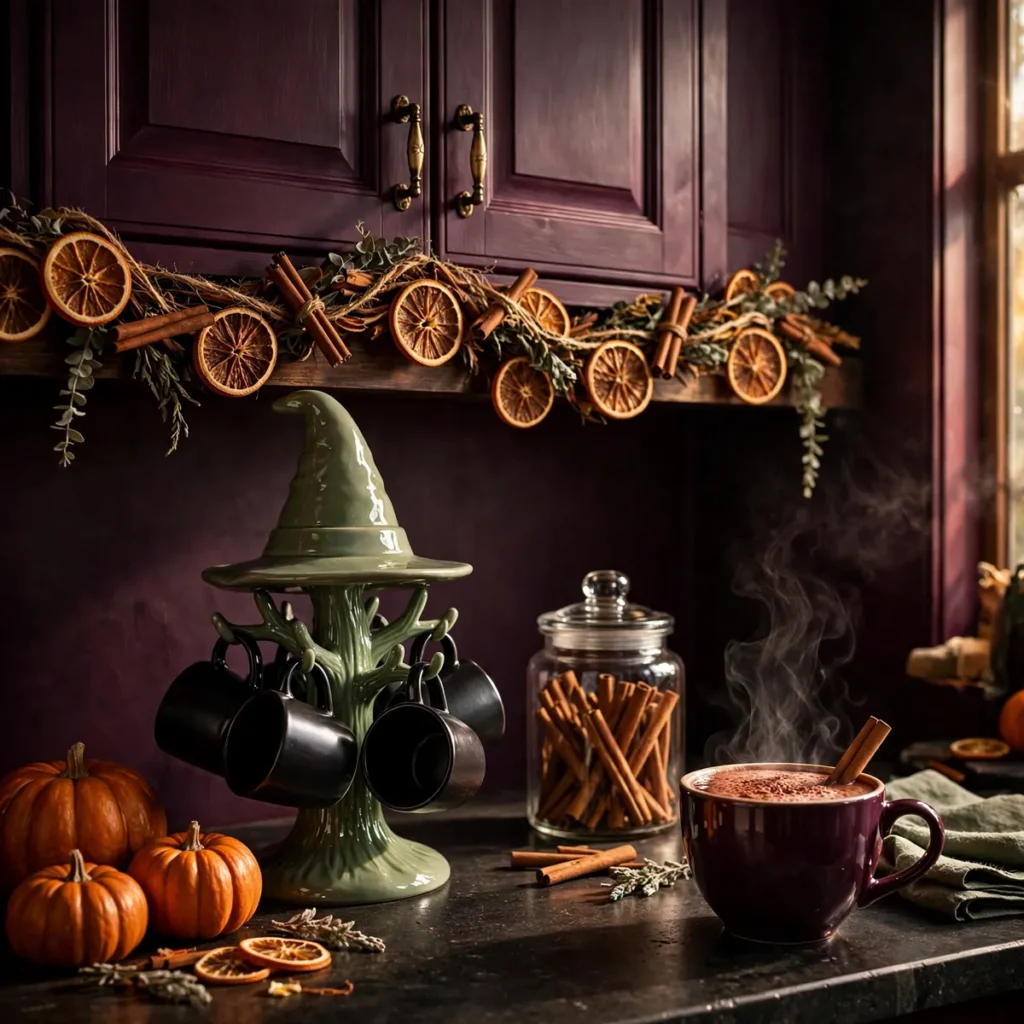 Cozy Halloween cocoa station with a witch-hat mug tree holding black mugs, a steaming mug, a jar of cinnamon sticks, and dried orange slice garland
